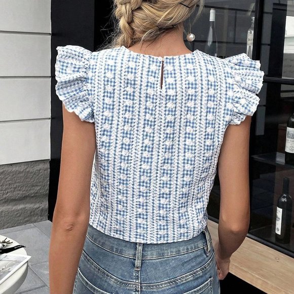 White Boho Womens Gingham & Floral Print Ruffle Trim Keyhole Back Blouse - Picture 2 of 5